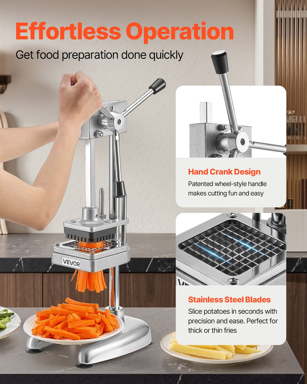 VEVOR Commercial French Fry Cutter, Stainless Steel Vegetable Fruit Chopper with 3 Replacement Blades 12.7mm 9.5mm 6.4mm, Manual Potato Slicer Dicer for Restaurants & Home Kitchen