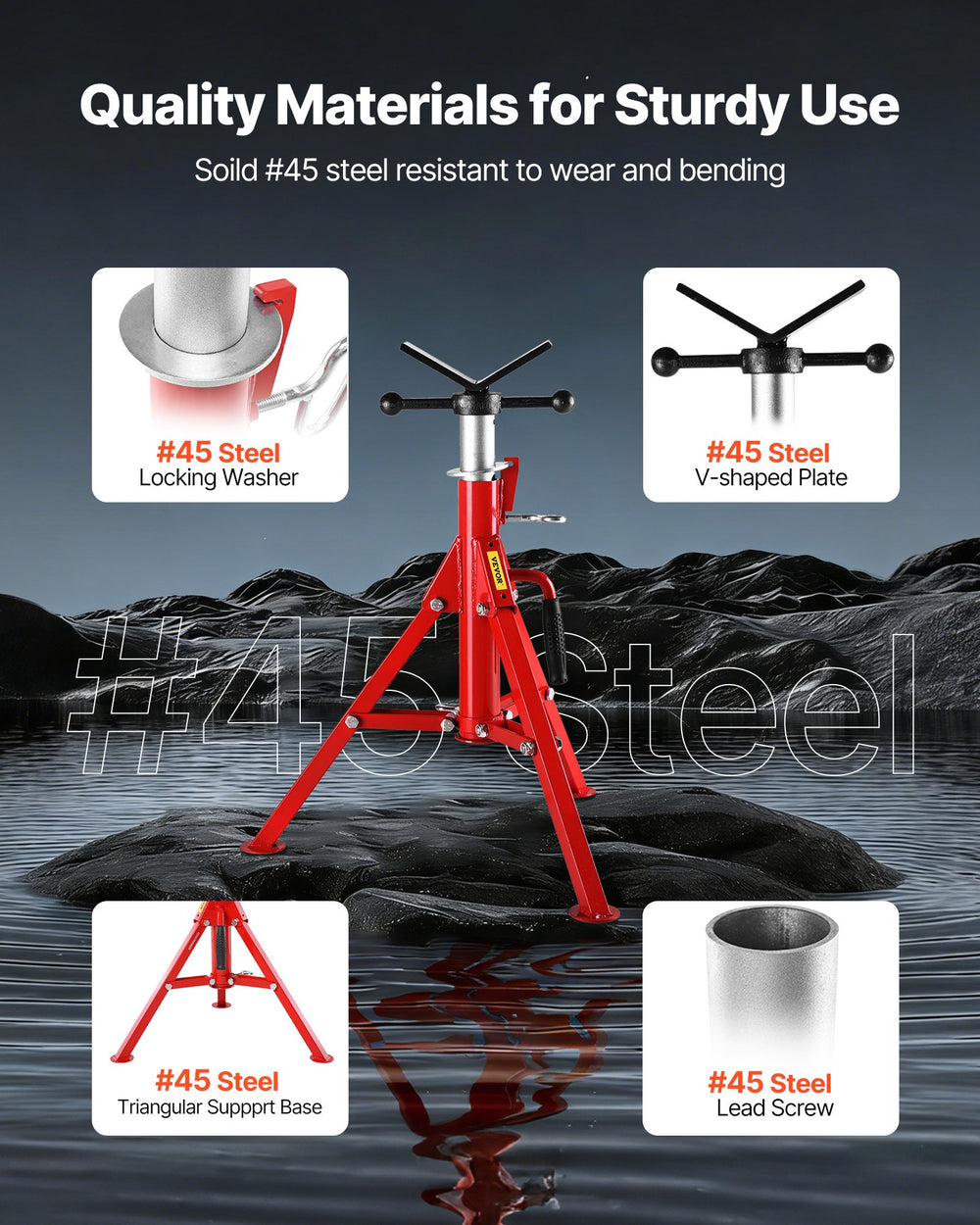 VEVOR V Head Pipe Stand 1/8"-12" Capacity, Adjustable Height 610mm-1067mm, Pipe Stands 1134kg Load Capacity, Portable Folding Pipe Stands, Carbon Steel Body for Enhanced Durability