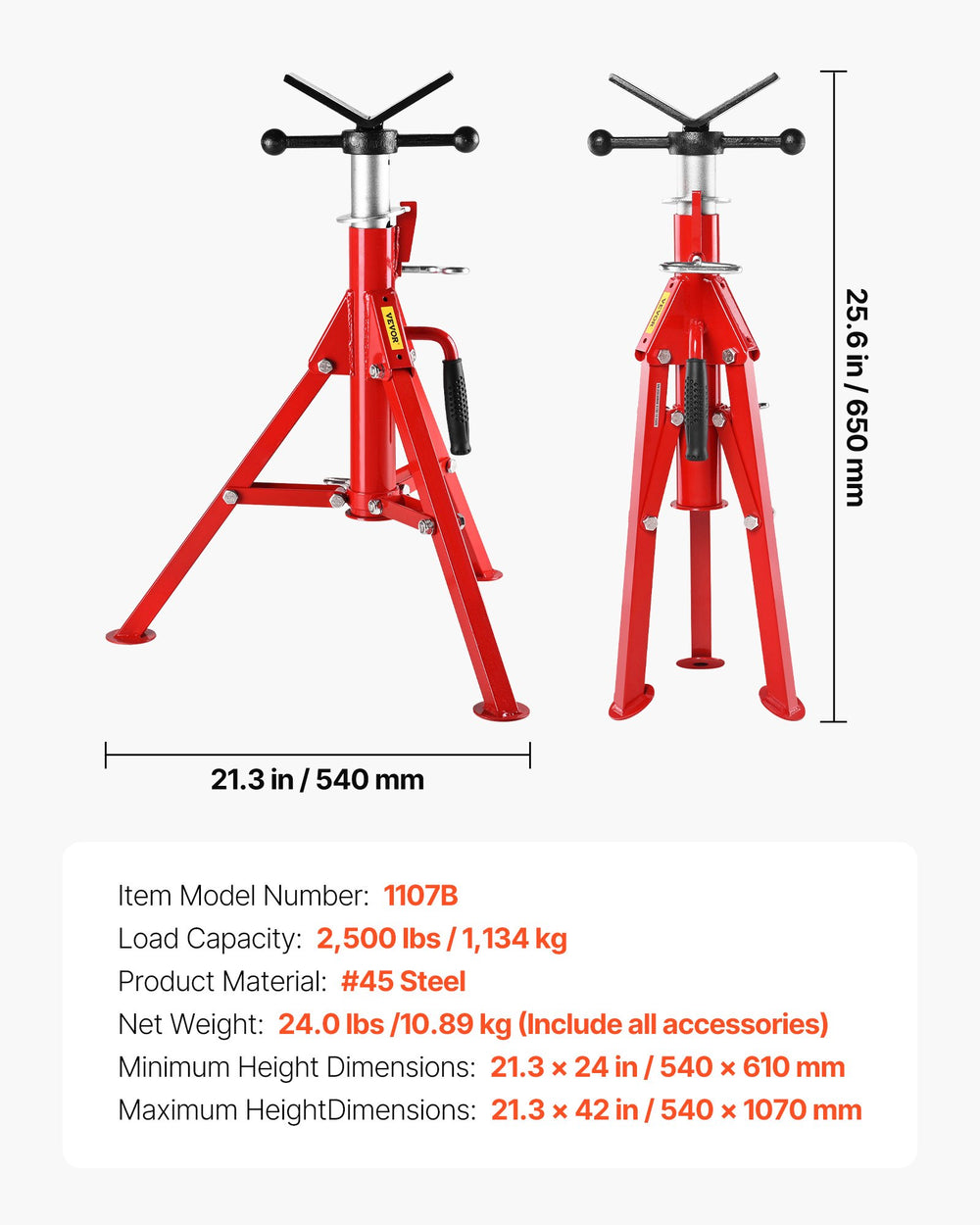 VEVOR V Head Pipe Stand 1/8"-12" Capacity, Adjustable Height 610mm-1067mm, Pipe Stands 1134kg Load Capacity, Portable Folding Pipe Stands, Carbon Steel Body for Enhanced Durability