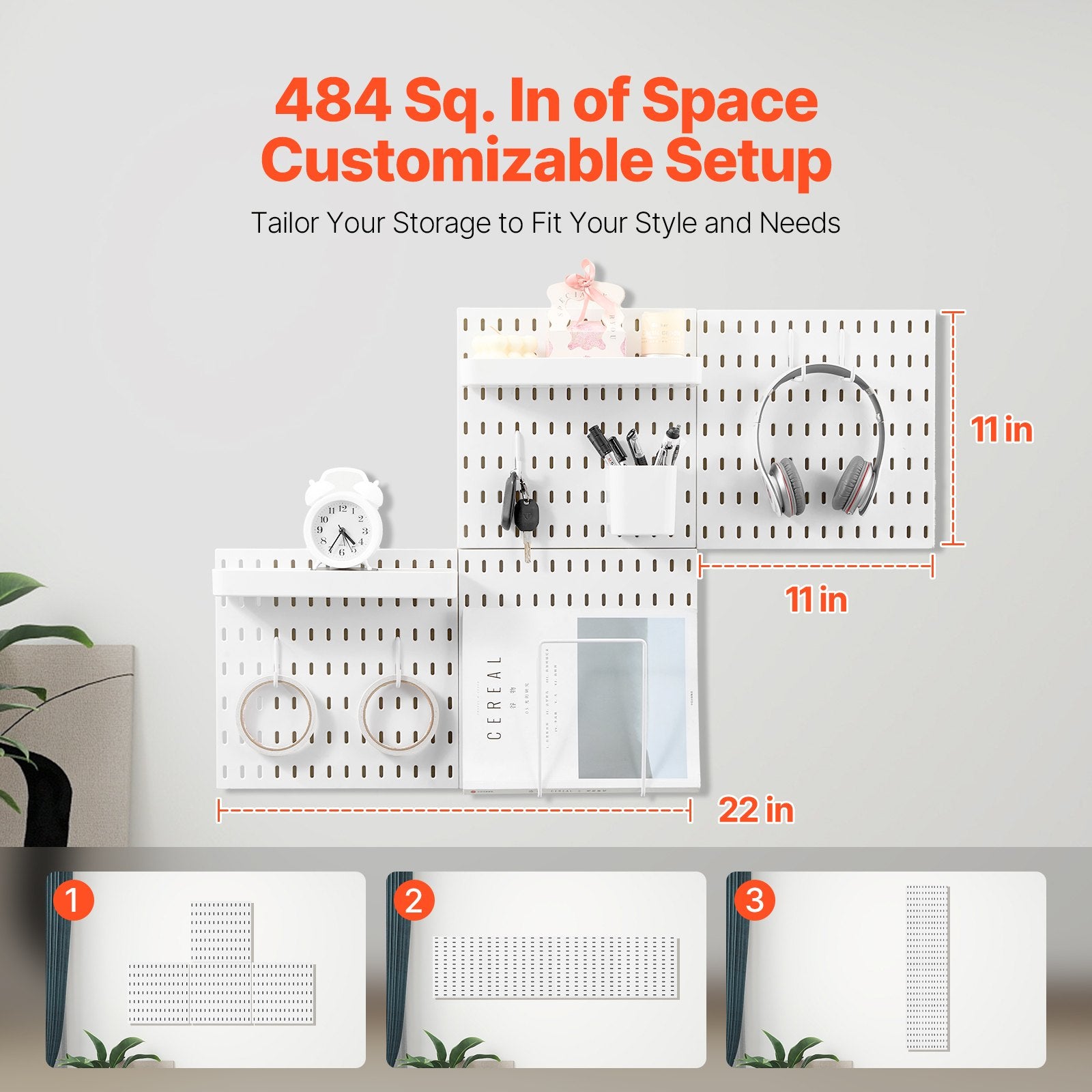 VEVOR Pegboard Combination Kit, 11" x 11" Plastic Pegboard, 4 Panels, Peg Board Wall Organizer Kit with Accessories, for Garage Tool Storage Kitchen Living Room Craft Room Office Bathroom Home, White