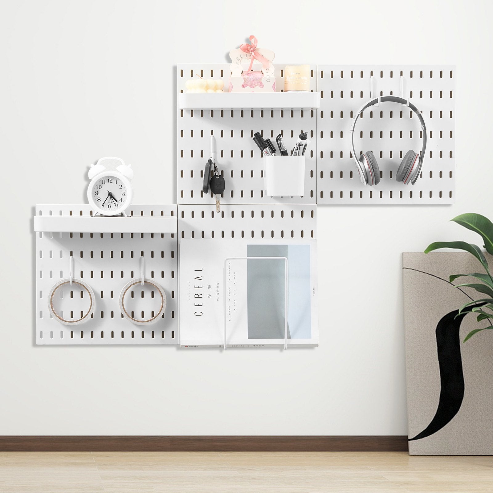VEVOR Pegboard Combination Kit, 11" x 11" Plastic Pegboard, 4 Panels, Peg Board Wall Organizer Kit with Accessories, for Garage Tool Storage Kitchen Living Room Craft Room Office Bathroom Home, White
