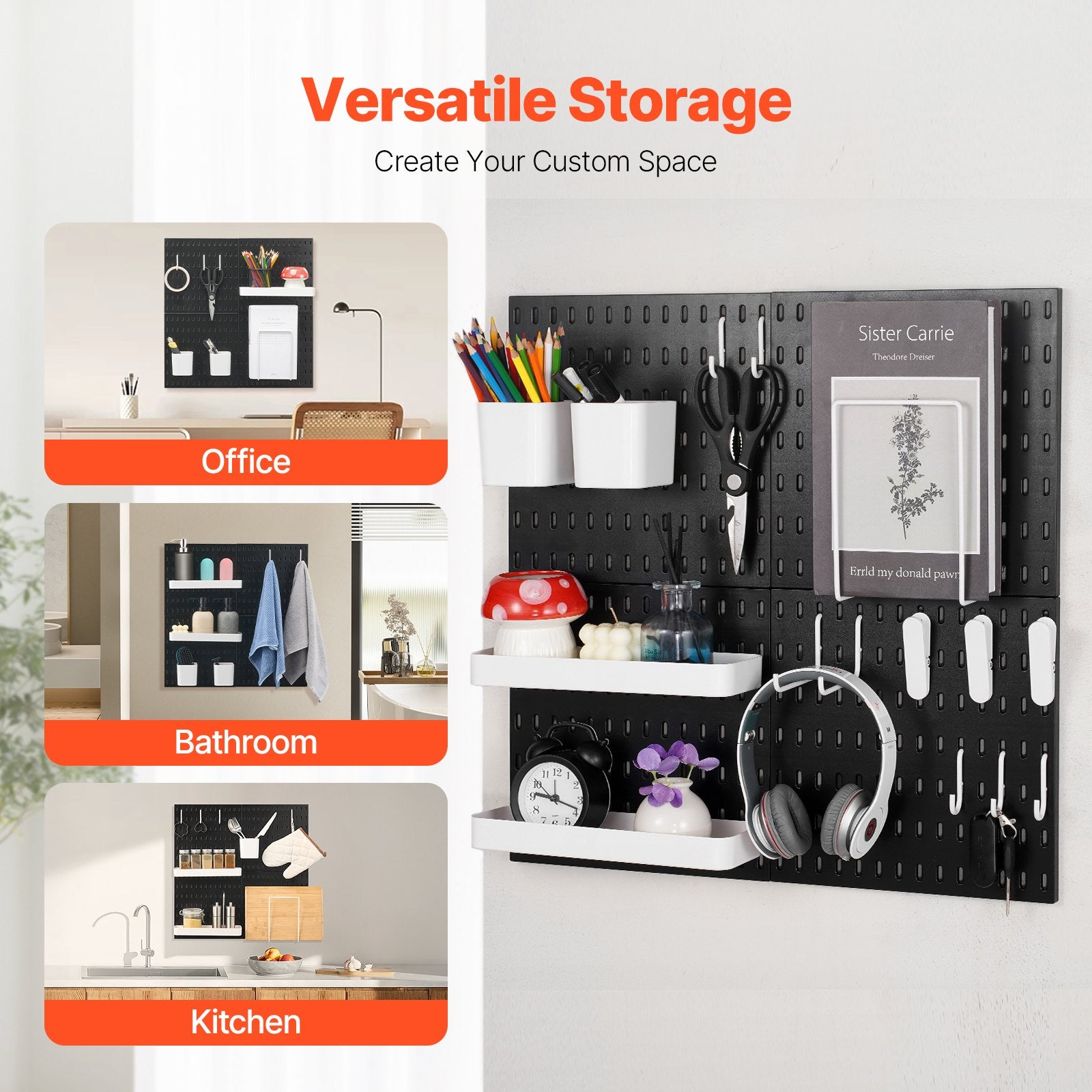 VEVOR Pegboard Combination Kit, 11" x 11" Plastic Pegboard, 4 Panels, Peg Board Wall Organizer Kit with Accessories, for Garage Tool Storage Kitchen Living Room Craft Room Office Bathroom Home, Black