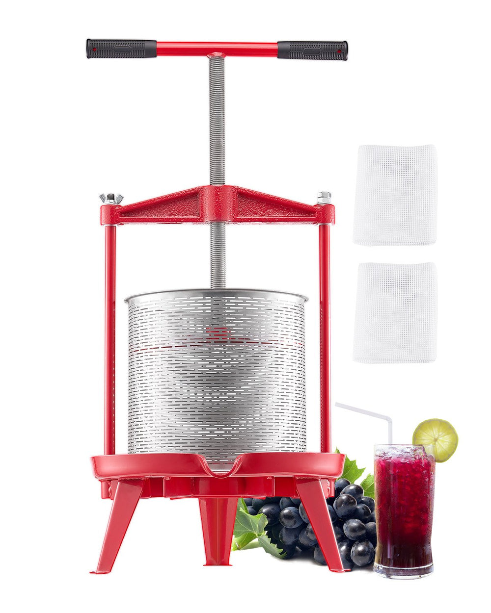 VEVOR 3.69 Gal/14L Fruit Wine Press, Stainless Steel Basket with Cross-beam and Triangular Structure, Manual Juice Maker, Cider Apple Grape Tincture Making Press with T-Handle for Kitchen Home