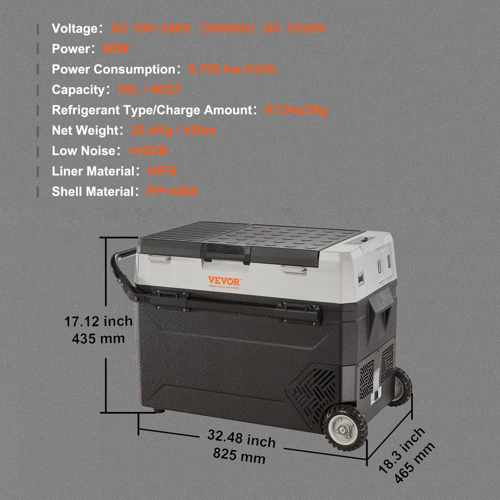 VEVOR Portable Car Refrigerator Freezer Compressor 40Qt Dual Zone for Car Home