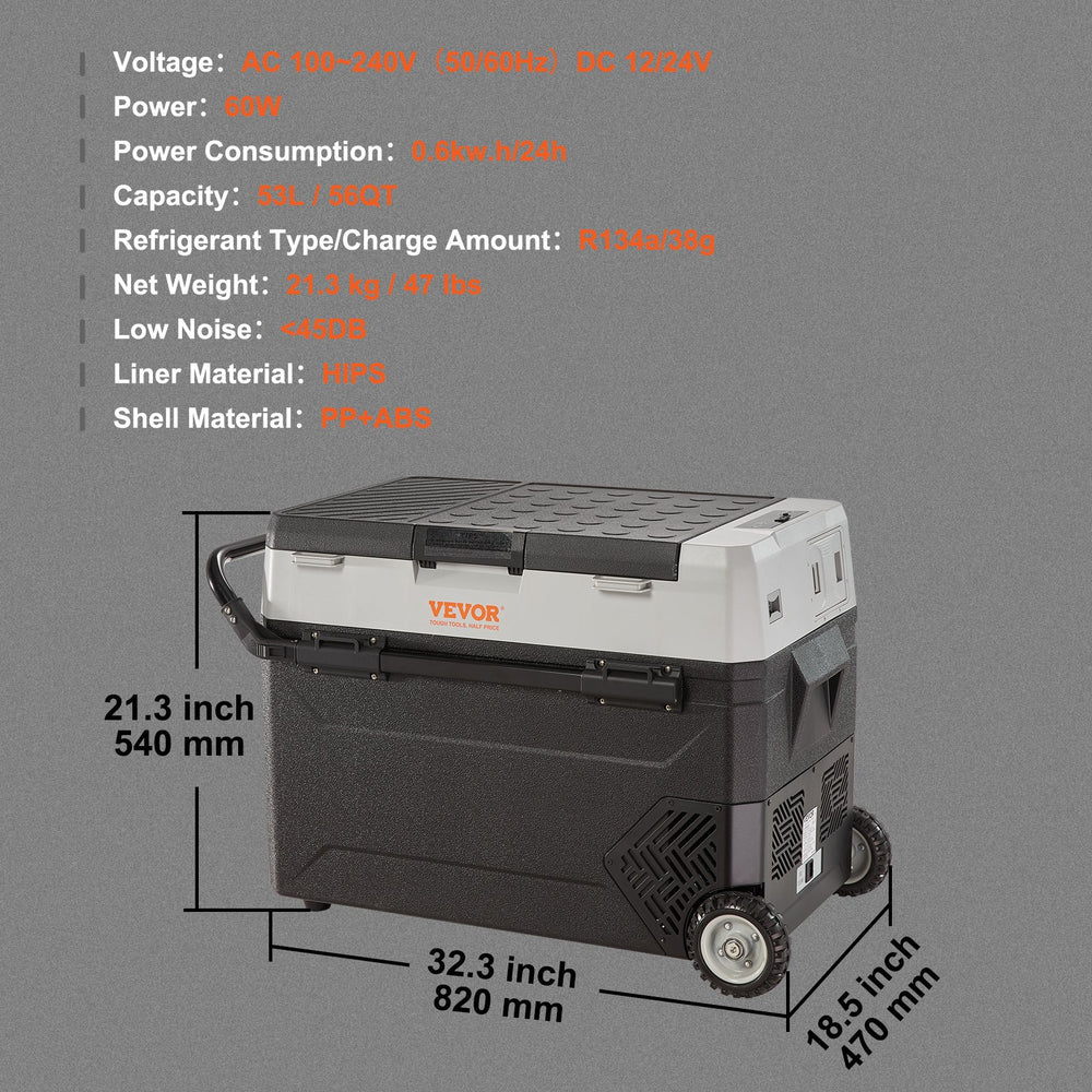 VEVOR Portable Car Refrigerator Freezer Compressor 56Qt Dual Zone for Car Home