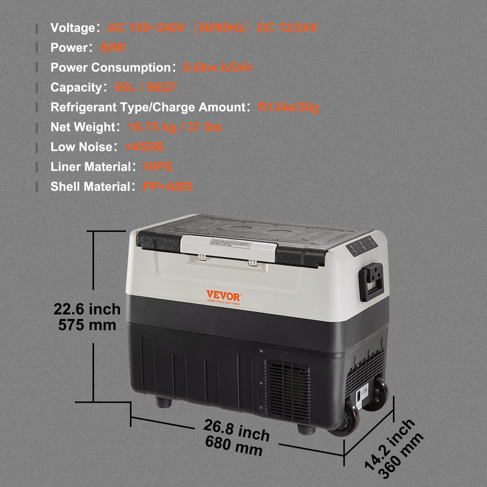 VEVOR Portable Car Refrigerator Freezer Compressor 54.9 L Dual Zone for Car Home