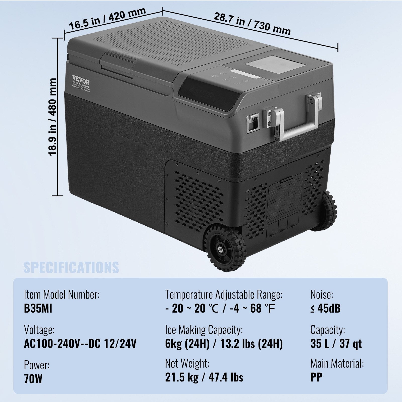 VEVOR Portable Car Refrigerator, with Ice Making Function, 12 Volt Car Refrigerator Fridge, 35 L Single Zone Portable Freezer, -4℉-68℉ Adjustable Temperature, with Casters for Camping, Car, RV
