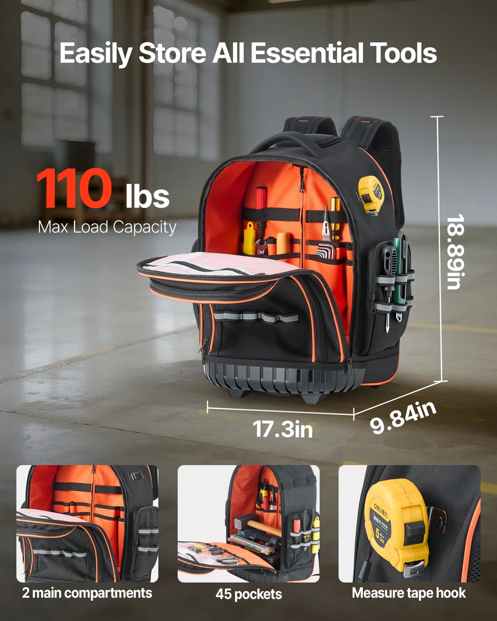 VEVOR Rolling Tool Backpack, 110 lbs Load Capacity, 45 Pockets Heavy Duty Roller Tool Bag on Wheels, Adjustable Telescoping Handle & Stable Base, Toolbag Organizers for Construction, Mechanic