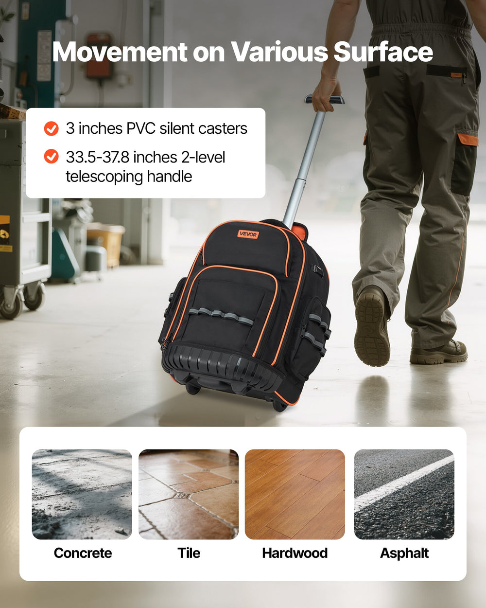 VEVOR Rolling Tool Backpack, 110 lbs Load Capacity, 45 Pockets Heavy Duty Roller Tool Bag on Wheels, Adjustable Telescoping Handle & Stable Base, Toolbag Organizers for Construction, Mechanic
