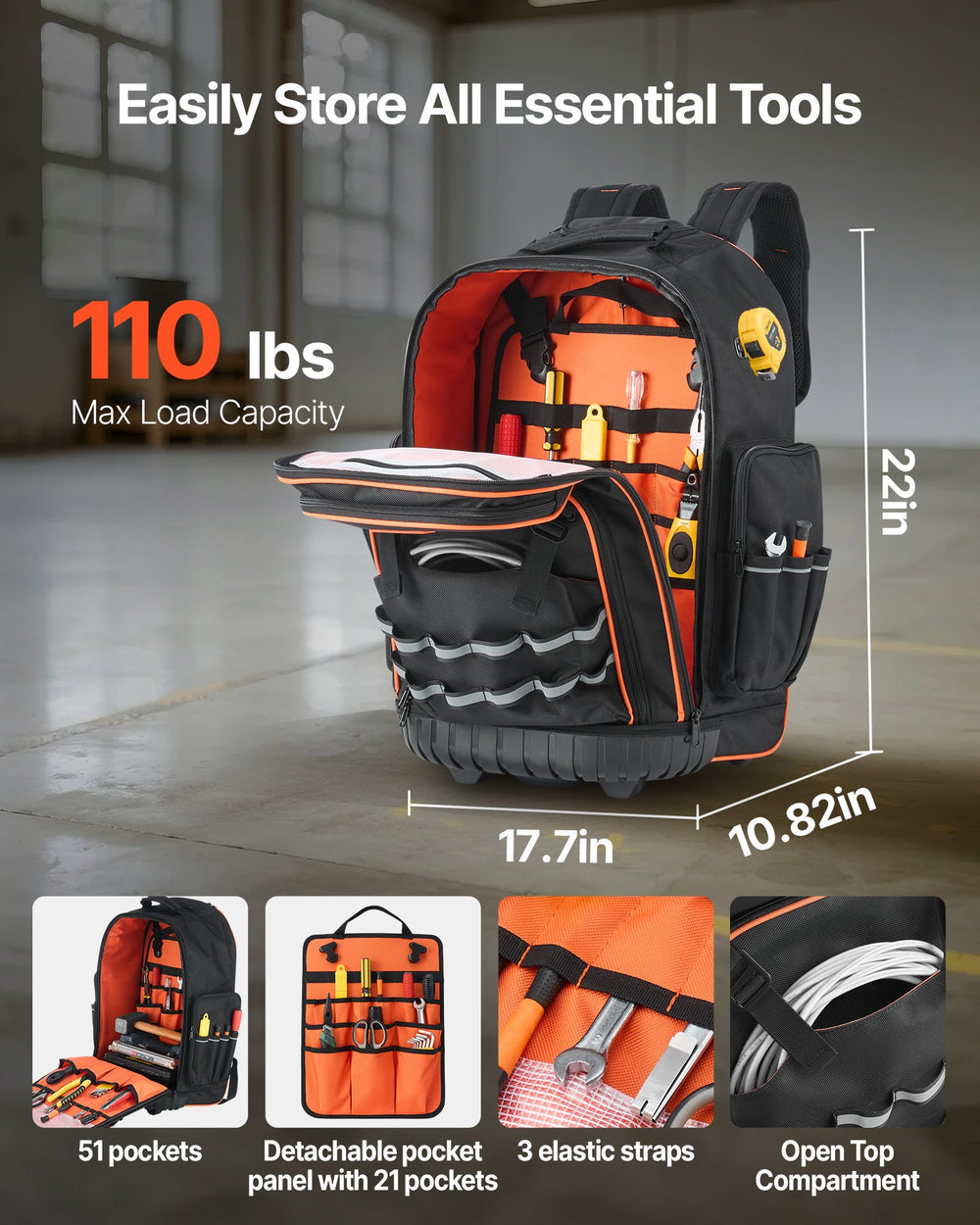 VEVOR Rolling Tool Backpack, 110 lbs Load Capacity, 72 Pockets Heavy Duty Roller Tool Bag on Wheels, Adjustable Telescoping Handle & Stable Base, Toolbag Organizers for Construction, Mechanic