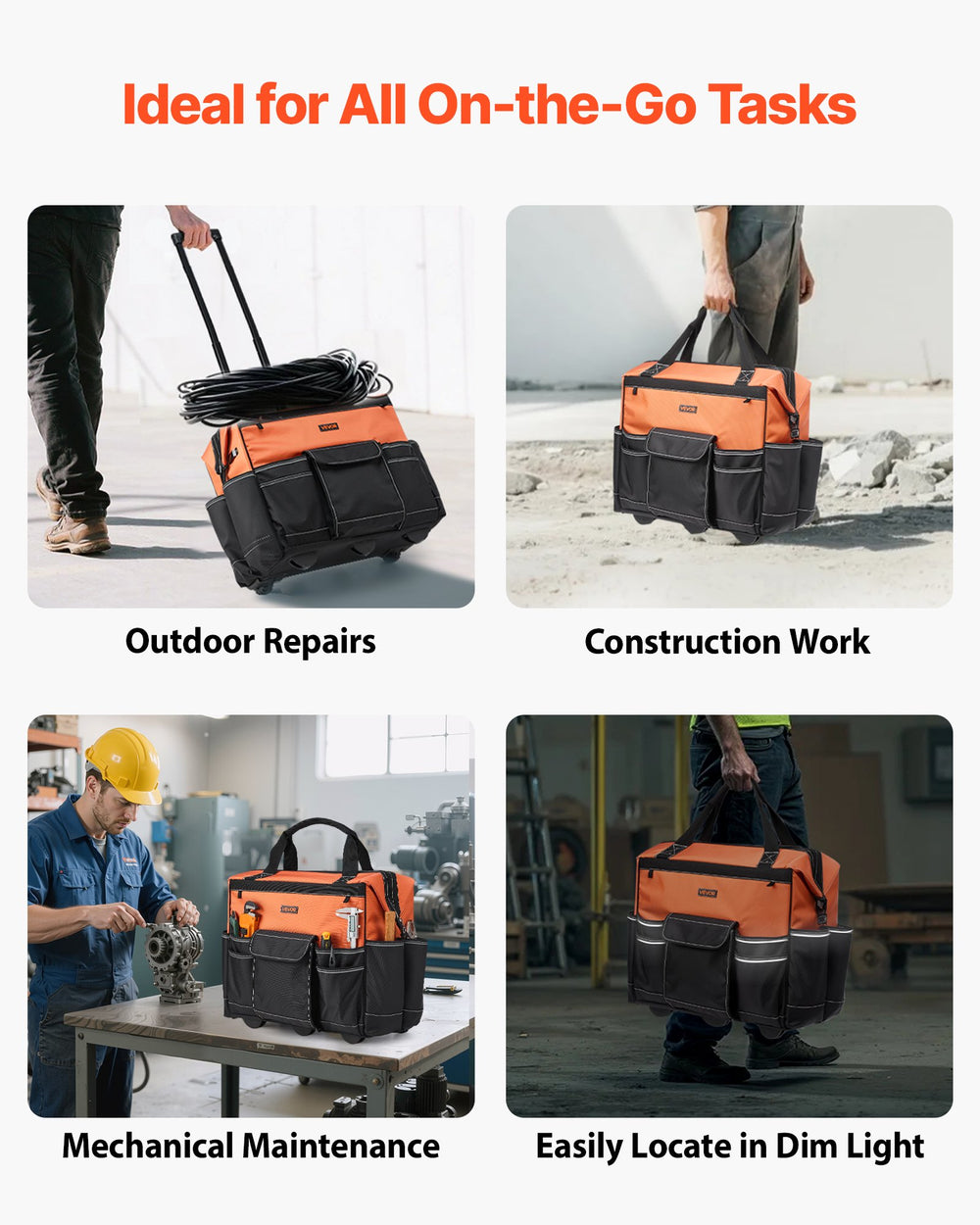 VEVOR Rolling Tool Bag, 110 lbs Load Capacity, 27 Pockets Heavy Duty Roller Tool Bag on Wheels, Adjustable Telescoping Handle & Stable Base, Toolbag Organizers with Wheels for Construction, Mechanic