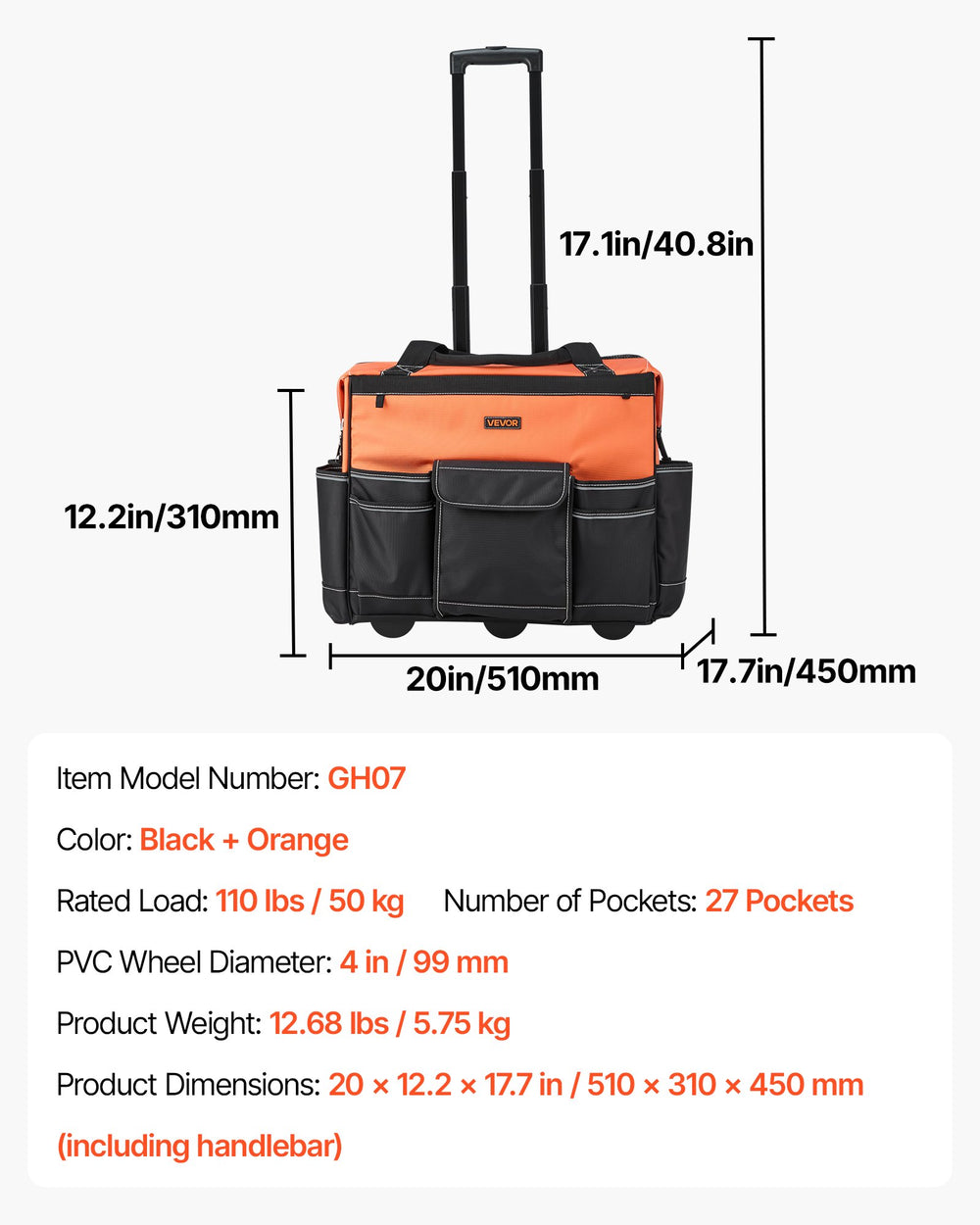 VEVOR Rolling Tool Bag, 110 lbs Load Capacity, 27 Pockets Heavy Duty Roller Tool Bag on Wheels, Adjustable Telescoping Handle & Stable Base, Toolbag Organizers with Wheels for Construction, Mechanic