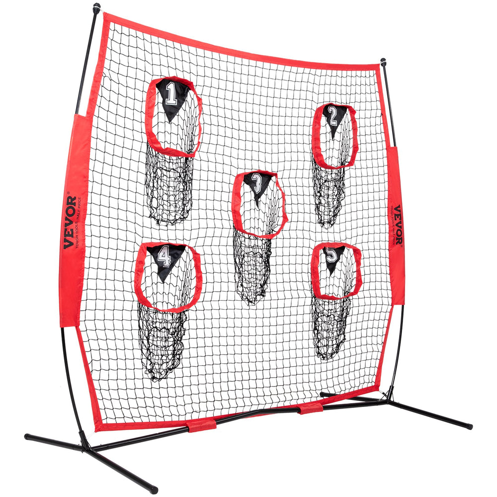VEVOR 6 x 6 ft Football Trainer Throwing Net, Training Throwing Target Practice Net with 5 Target Pockets, Knotless Net Includes Bow Frame and Portable Carry Case, Improve QB Throwing Accuracy, Red