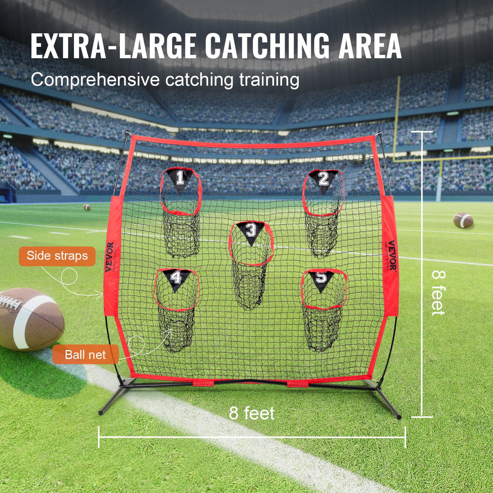 VEVOR 8 x 8 ft Football Trainer Throwing Net, Training Throwing Target Practice Net with 5 Target Pockets, Knotless Net Includes Bow Frame and Portable Carry Case, Improve QB Throwing Accuracy, Red
