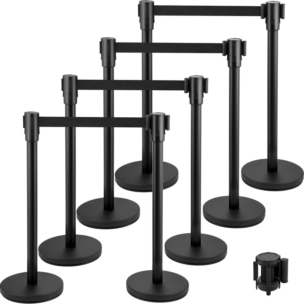 VEVOR Crowd Control Stanchion, Set of 8 Pieces Stanchion Set, Stanchion Set with 6.6 ft/2 m Black Retractable Belt, Black Crowd Control Barrier with Concrete and Metal Base – Easy Connect Assembly
