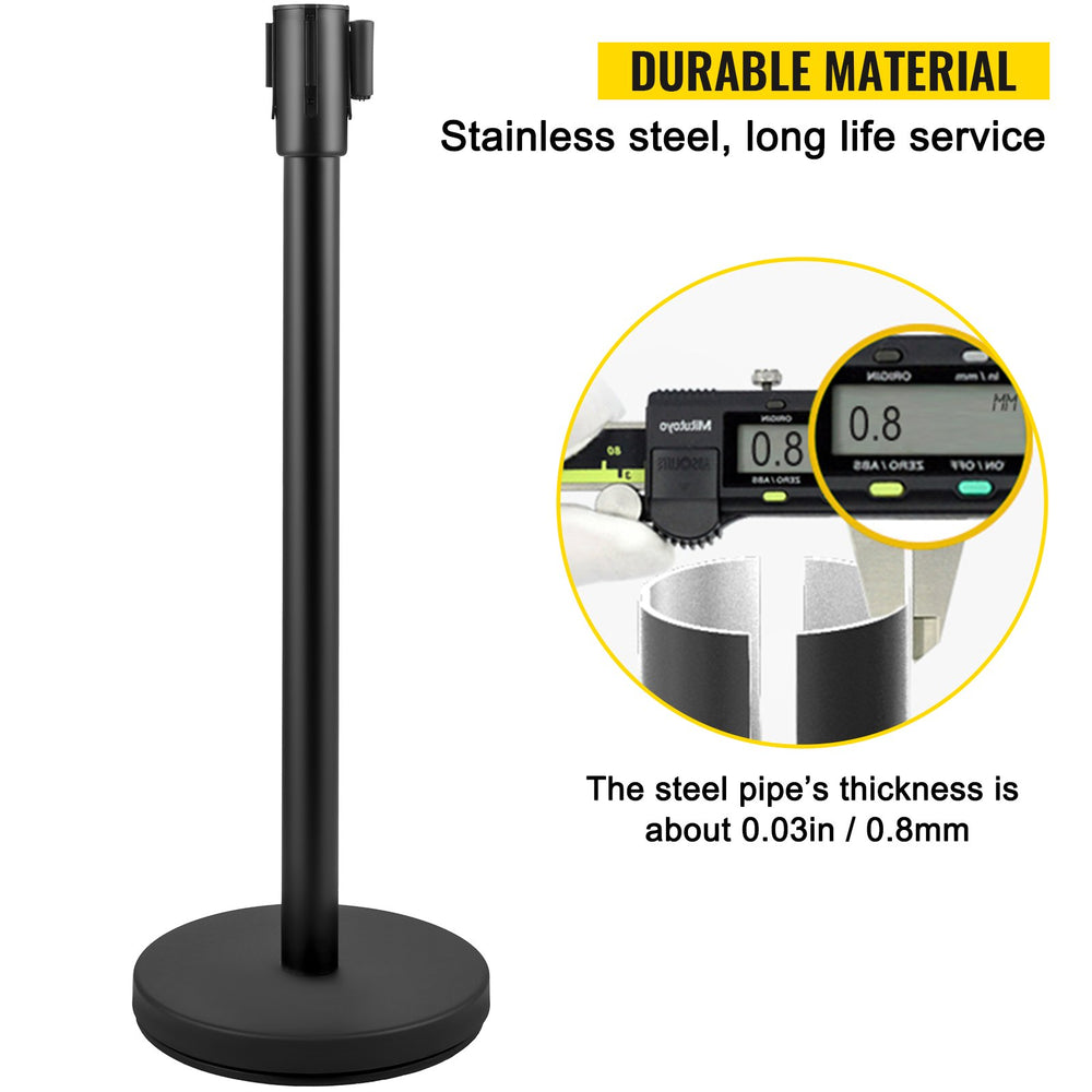 VEVOR Crowd Control Stanchion, Set of 8 Pieces Stanchion Set, Stanchion Set with 6.6 ft/2 m Black Retractable Belt, Black Crowd Control Barrier with Concrete and Metal Base – Easy Connect Assembly