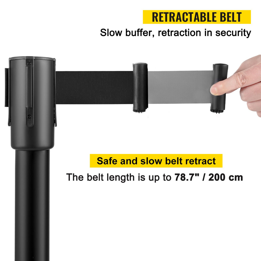 VEVOR Crowd Control Stanchion, Set of 8 Pieces Stanchion Set, Stanchion Set with 6.6 ft/2 m Black Retractable Belt, Black Crowd Control Barrier with Concrete and Metal Base – Easy Connect Assembly