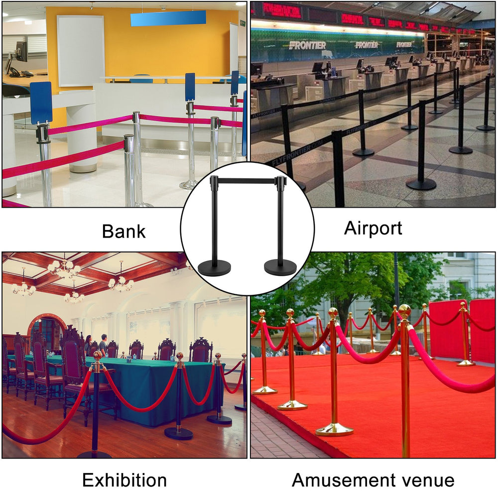 VEVOR Crowd Control Stanchion, Set of 8 Pieces Stanchion Set, Stanchion Set with 6.6 ft/2 m Black Retractable Belt, Black Crowd Control Barrier with Concrete and Metal Base – Easy Connect Assembly