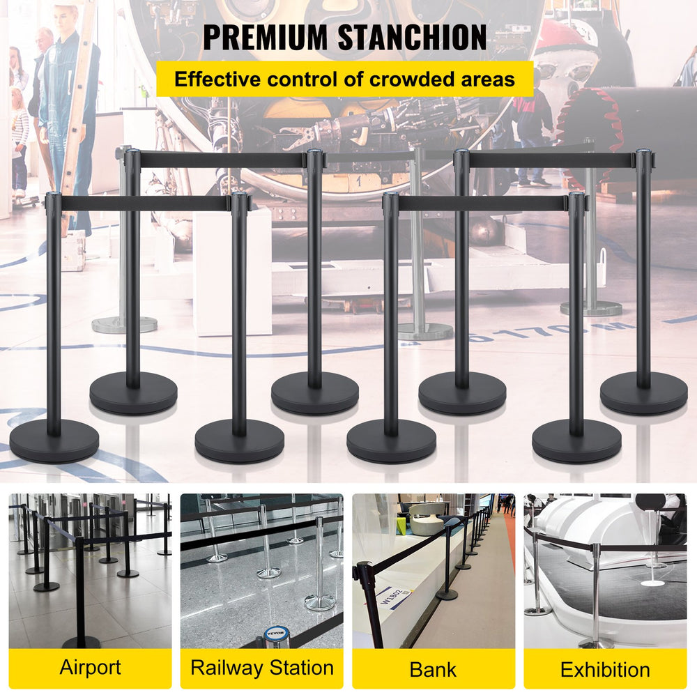 VEVOR Crowd Control Stanchion, 8 Pieces Stanchion Set, with 6.6 ft/2 m Black Retractable Belt, Black Crowd Control Barrier with Concrete and Metal Base, Easy Connect Assembly