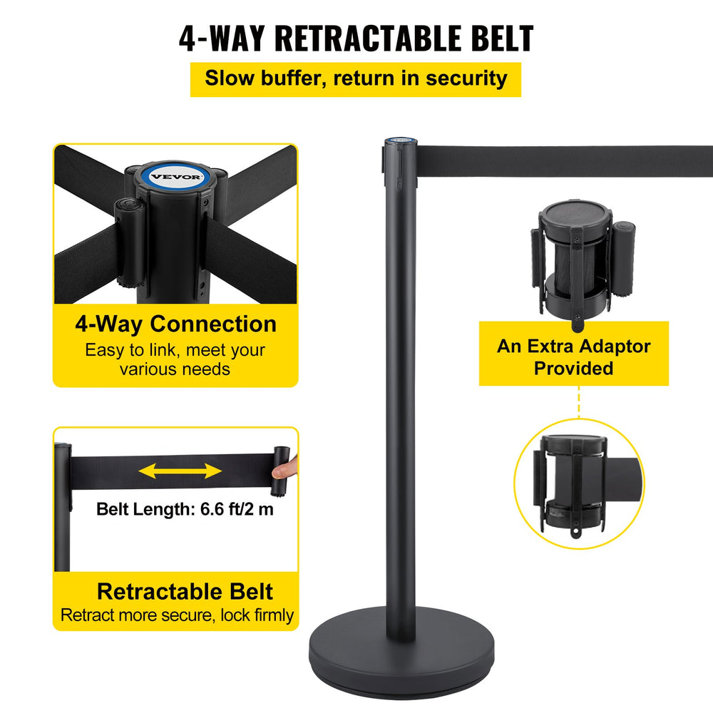 VEVOR Crowd Control Stanchion, 8 Pieces Stanchion Set, with 6.6 ft/2 m Black Retractable Belt, Black Crowd Control Barrier with Concrete and Metal Base, Easy Connect Assembly