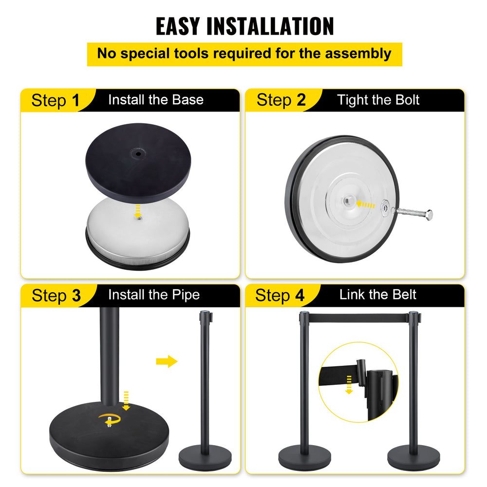 VEVOR Crowd Control Stanchion, 8 Pieces Stanchion Set, with 6.6 ft/2 m Black Retractable Belt, Black Crowd Control Barrier with Concrete and Metal Base, Easy Connect Assembly
