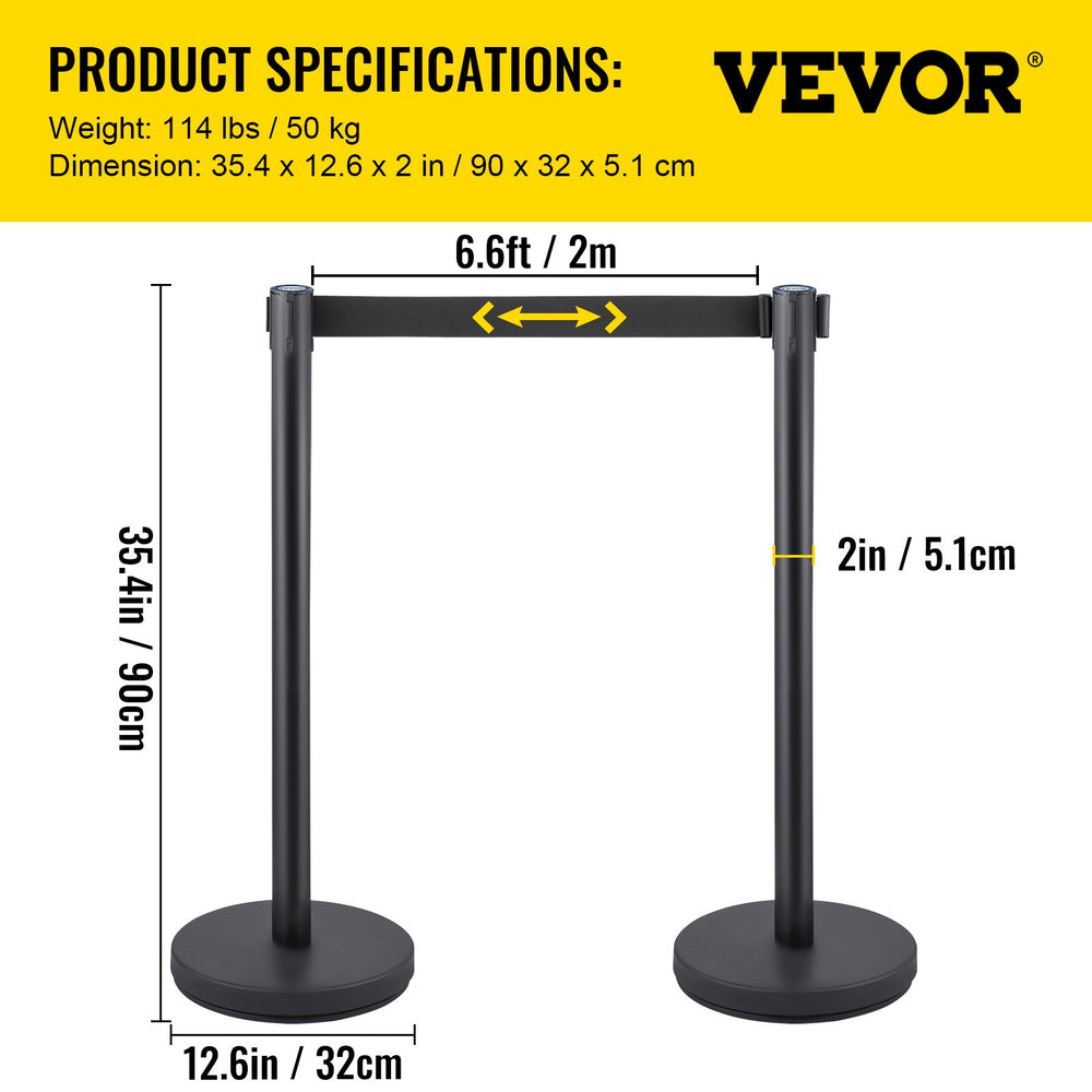 VEVOR Crowd Control Stanchion, 8 Pieces Stanchion Set, with 6.6 ft/2 m Black Retractable Belt, Black Crowd Control Barrier with Concrete and Metal Base, Easy Connect Assembly