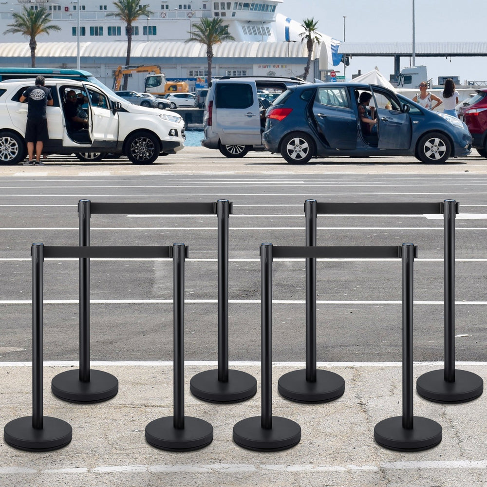 VEVOR Crowd Control Stanchion, 8 Pieces Stanchion Set, with 6.6 ft/2 m Black Retractable Belt, Black Crowd Control Barrier with Concrete and Metal Base, Easy Connect Assembly