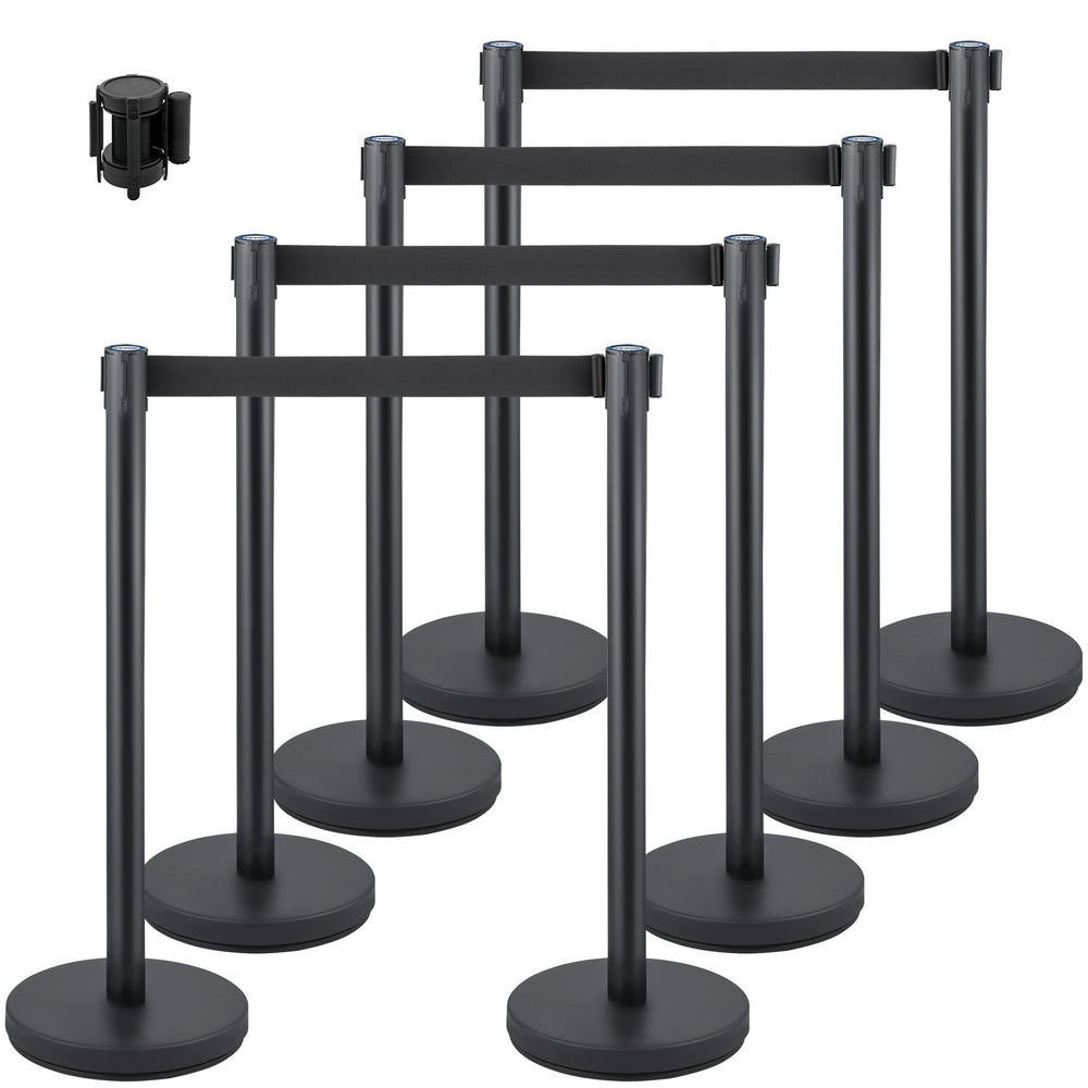 VEVOR Crowd Control Stanchion, 8 Pieces Stanchion Set, with 6.6 ft/2 m Black Retractable Belt, Black Crowd Control Barrier with Concrete and Metal Base, Easy Connect Assembly