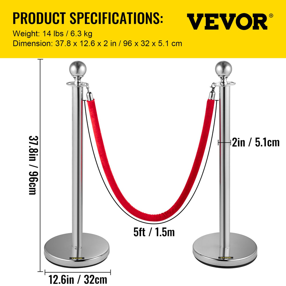 VEVOR Retractable Silver Round Top Queue Control Barrier Posts Stands Security Stanchion Rope Divider with 1.5M Red Rope Crowd Control Barrier Silver Round top Column