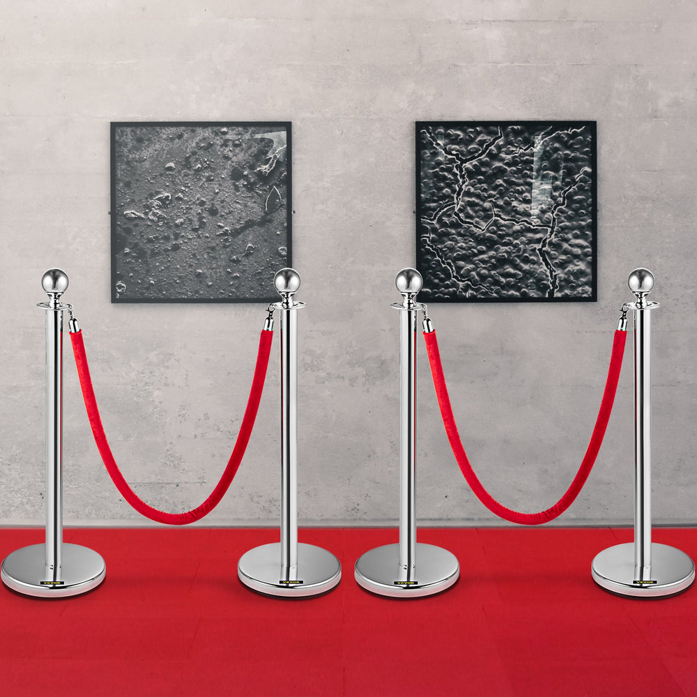 VEVOR Retractable Silver Round Top Queue Control Barrier Posts Stands Security Stanchion Rope Divider with 1.5M Red Rope Crowd Control Barrier Silver Round top Column