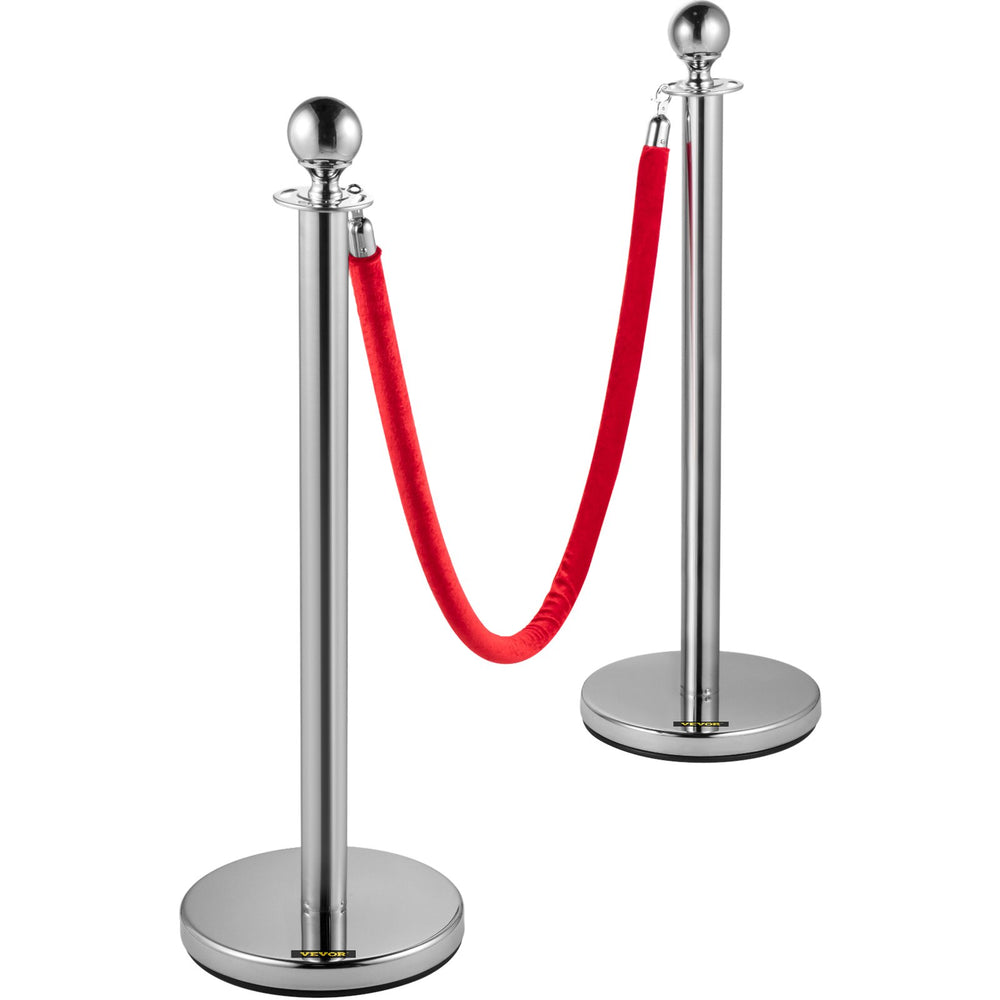 VEVOR Retractable Silver Round Top Queue Control Barrier Posts Stands Security Stanchion Rope Divider with 1.5M Red Rope Crowd Control Barrier Silver Round top Column