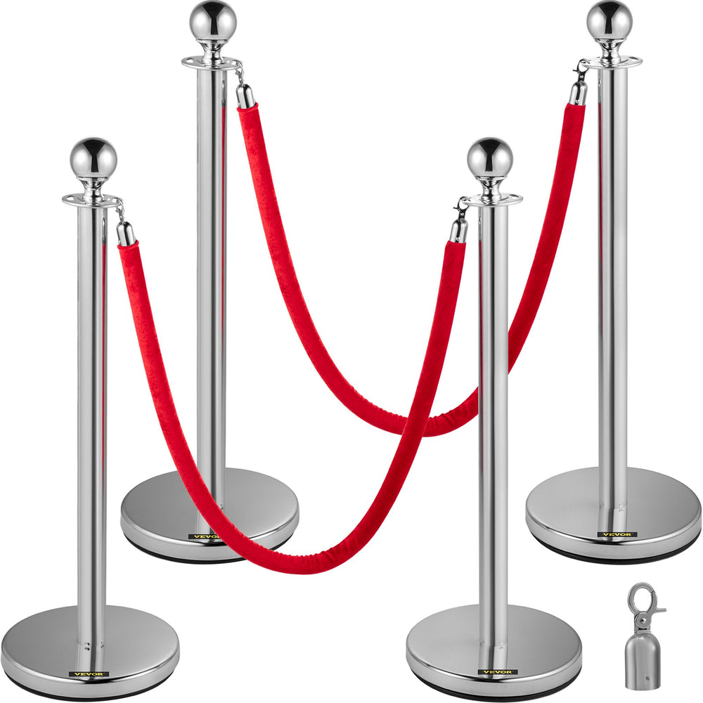 VEVOR Retractable Silver Round Top Queue Control Barrier Posts Stands Security Stanchion Rope Divider with 1.5M Red Rope Crowd Control Barrier Silver Round top Column
