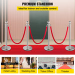 VEVOR 4 Pack Retractable Silver Round Top Stanchion Post Queue Crowd Control Barrier Posts Line Pole with 1.5M Red 2 Velvet Rope