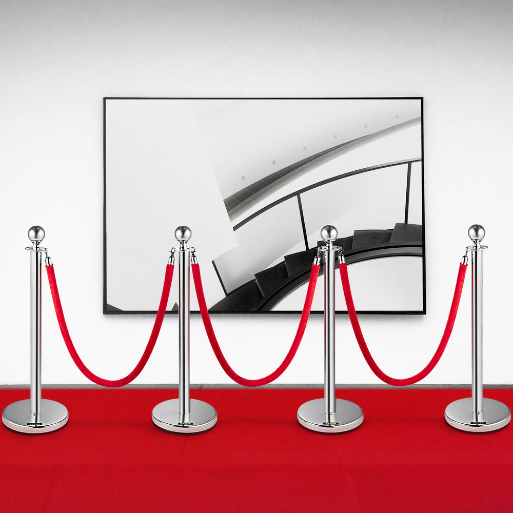VEVOR 4 Pack Retractable Silver Round Top Stanchion Post Queue Crowd Control Barrier Posts Line Pole with 1.5M Red 2 Velvet Rope