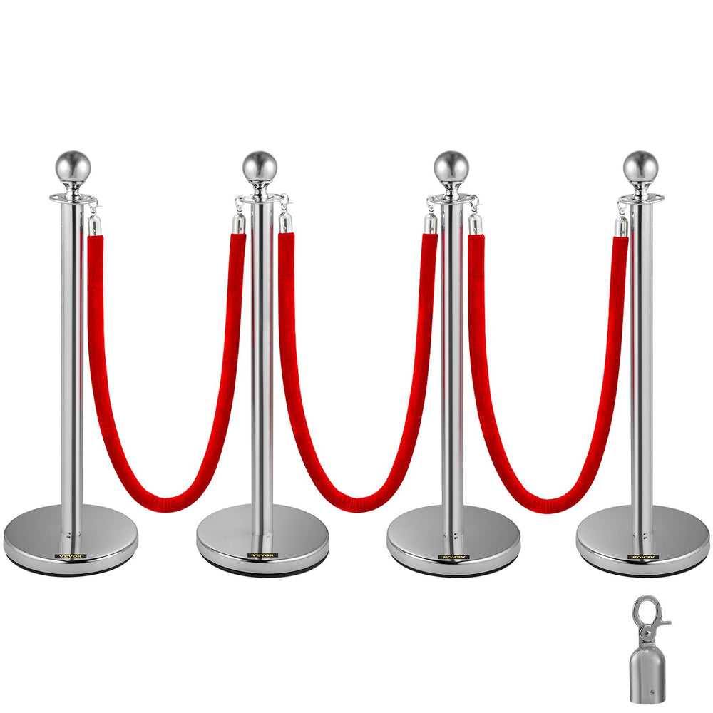 VEVOR 4 Pack Retractable Silver Round Top Stanchion Post Queue Crowd Control Barrier Posts Line Pole with 1.5M Red 2 Velvet Rope