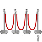 VEVOR 4 Pack Retractable Silver Round Top Stanchion Post Queue Crowd Control Barrier Posts Line Pole with 1.5M Red 2 Velvet Rope