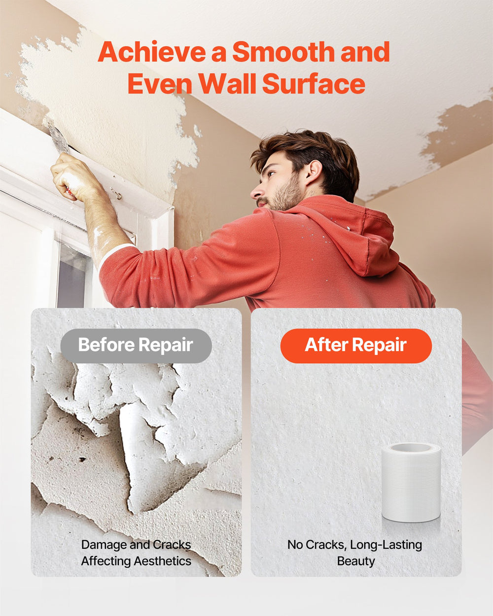 VEVOR Drywall Mesh Tape, 150mm W x 30m L Self-Adhesive Fiberglass Drywall Joint Tape, 12 Rolls Dry Wall Patch for Easy Sheetrock Ceiling Crack Repair, to Achieve Smooth Even Wall Surface
