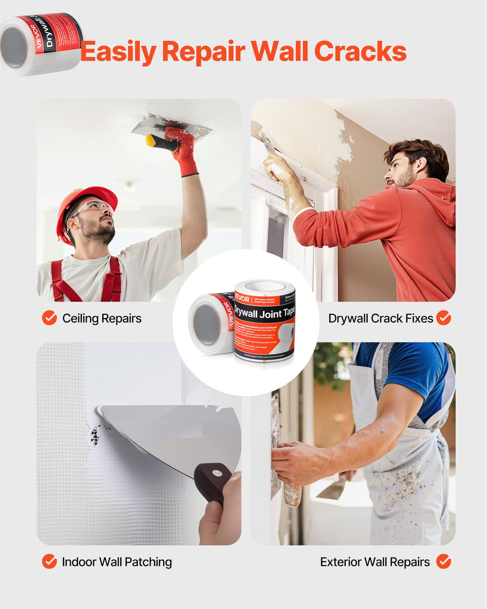 VEVOR Drywall Mesh Tape, 150mm W x 30m L Self-Adhesive Fiberglass Drywall Joint Tape, 12 Rolls Dry Wall Patch for Easy Sheetrock Ceiling Crack Repair, to Achieve Smooth Even Wall Surface