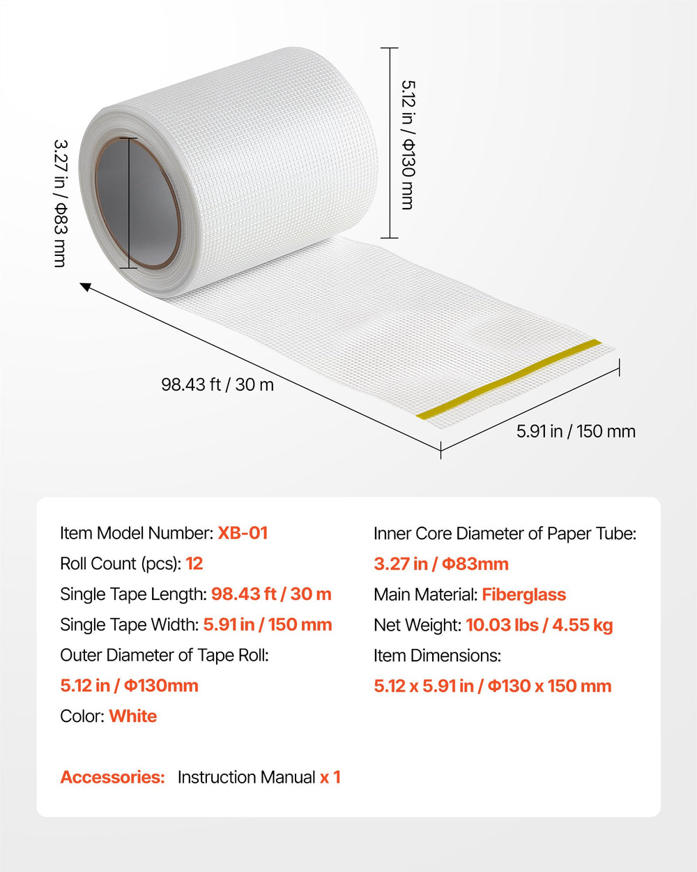 VEVOR Drywall Mesh Tape, 150mm W x 30m L Self-Adhesive Fiberglass Drywall Joint Tape, 12 Rolls Dry Wall Patch for Easy Sheetrock Ceiling Crack Repair, to Achieve Smooth Even Wall Surface