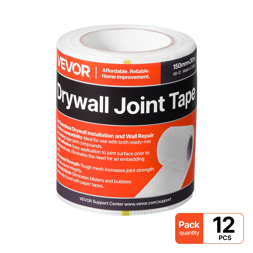 VEVOR Drywall Mesh Tape, 150mm W x 30m L Self-Adhesive Fiberglass Drywall Joint Tape, 12 Rolls Dry Wall Patch for Easy Sheetrock Ceiling Crack Repair, to Achieve Smooth Even Wall Surface