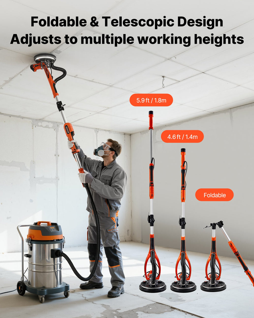 VEVOR Drywall Sander, 850W Electric Drywall Sander, Popcorn Ceiling Removal Tool with 5 Variable Speed 800-1700 RPM, Double-Deck LED Light, Foldable & Extendable Handle, 15 Sanding Discs, Dust Hose