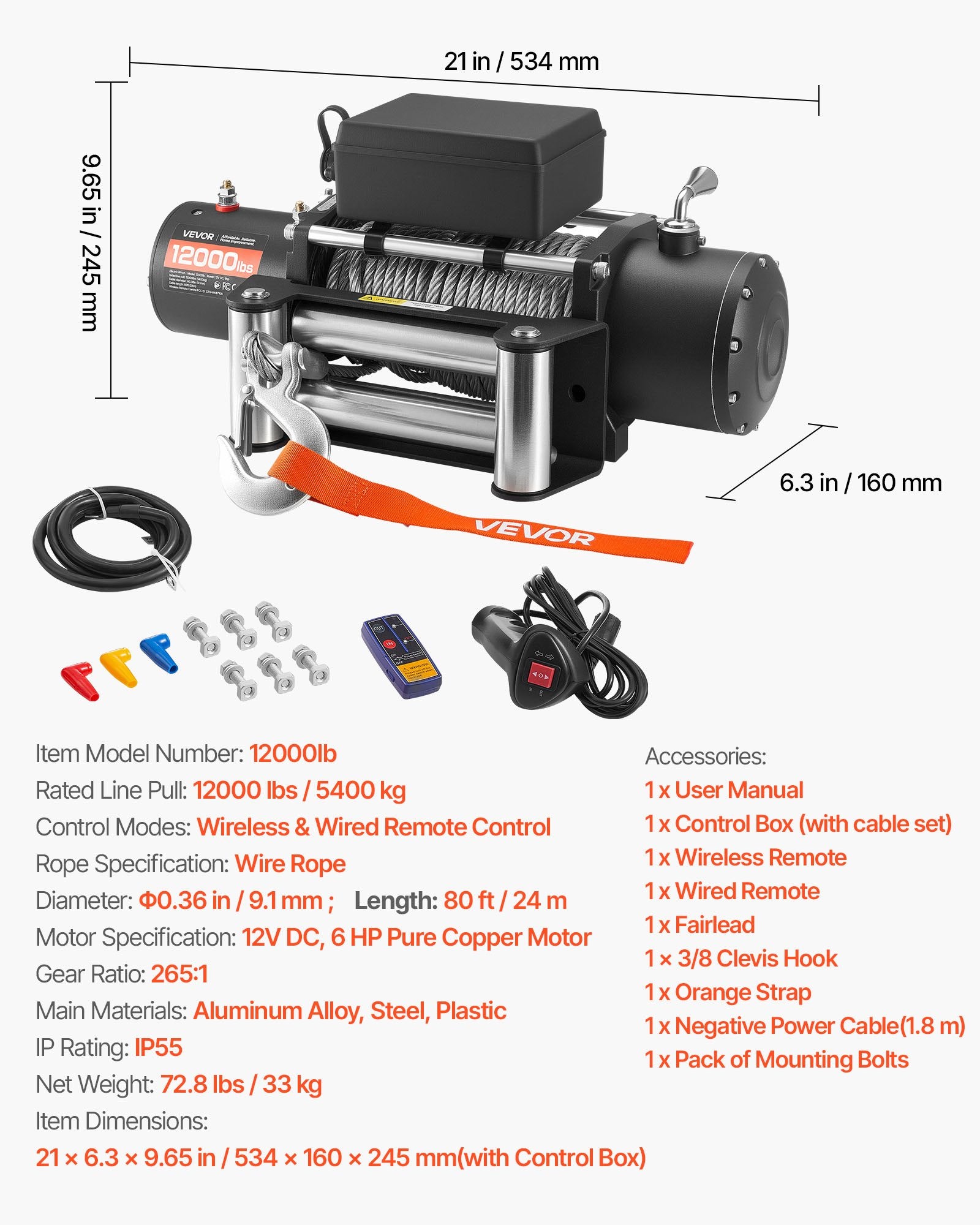 VEVOR Electric Winch, 5400 kg Load Capacity, 12V DC Truck Winch with Φ9.1 mm x 24 m Steel Rope, Wireless & Wired Remote Control, IP55 Waterproof for Towing SUV Jeep Trailer Boat Off-Road Vehicle