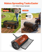 VEVOR Compost Spreader, 112 cm Wide Peat Moss Spreader with Push/Tow Handle, 4 Heights Adjustable, Powder-Coated Steel Garden Peat Moss Roller, Heavy Duty Grass Seed Roller for Planting Seeding, Black