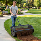 VEVOR Compost Spreader, 112 cm Wide Peat Moss Spreader with Push/Tow Handle, 4 Heights Adjustable, Powder-Coated Steel Garden Peat Moss Roller, Heavy Duty Grass Seed Roller for Planting Seeding, Black