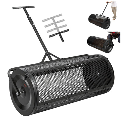 VEVOR Compost Spreader, 112 cm Wide Peat Moss Spreader with Push/Tow Handle, 4 Heights Adjustable, Powder-Coated Steel Garden Peat Moss Roller, Heavy Duty Grass Seed Roller for Planting Seeding, Black