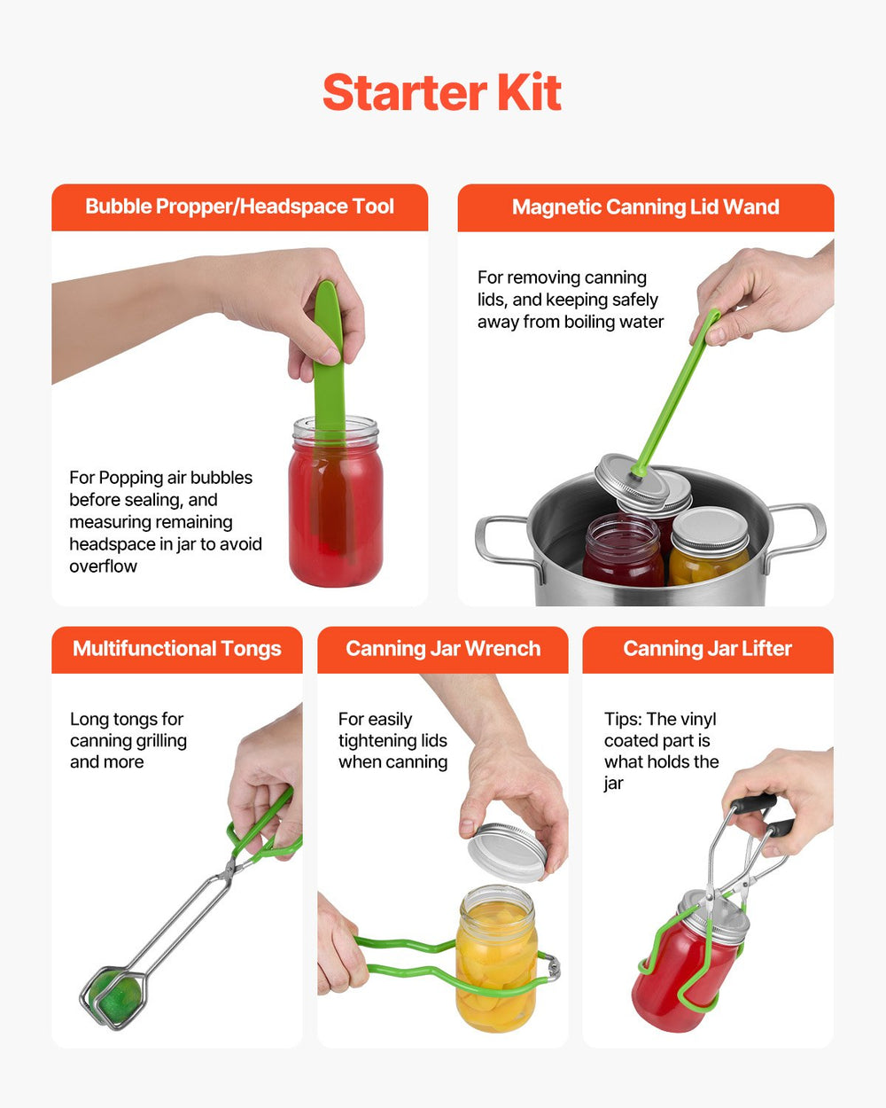 VEVOR Canning Supplies Starter Kit, 9 Pieces Stainless Steel Water Bath Canning Kit for Beginners, Canning Tools Set: Ladle, Measuring Spoon & Cup, Funnel, Tongs, Jar Lifter, Jar Wrench
