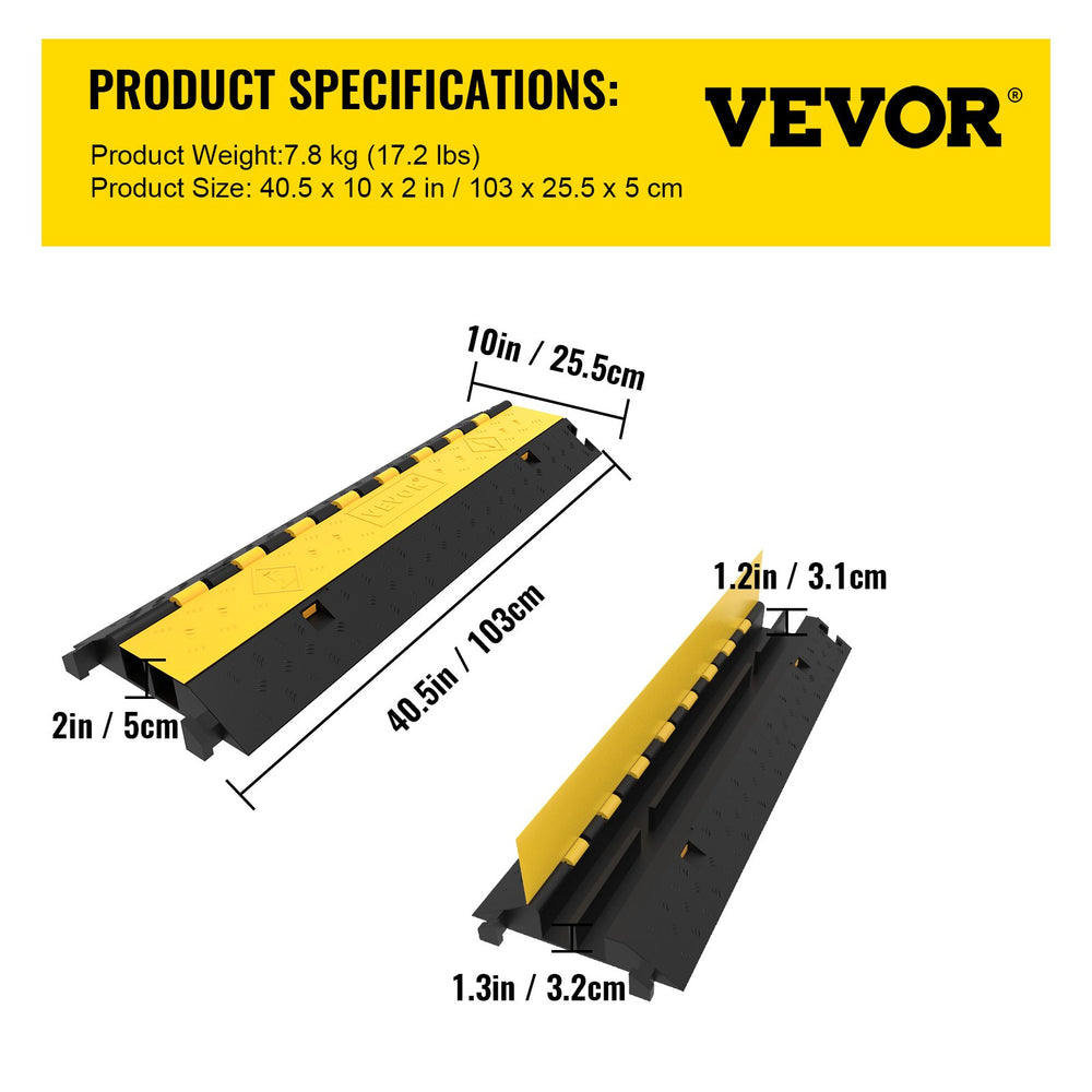 VEVOR  4 Pack Rubber Cable Protector Ramp 103x25.5x5 cm 2 Channel Heavy Duty 66000lbs Load Capacity Cable Wire Cord Cover Ramp Speed Bump Driveway Hose Cable Ramp Protective Cover
