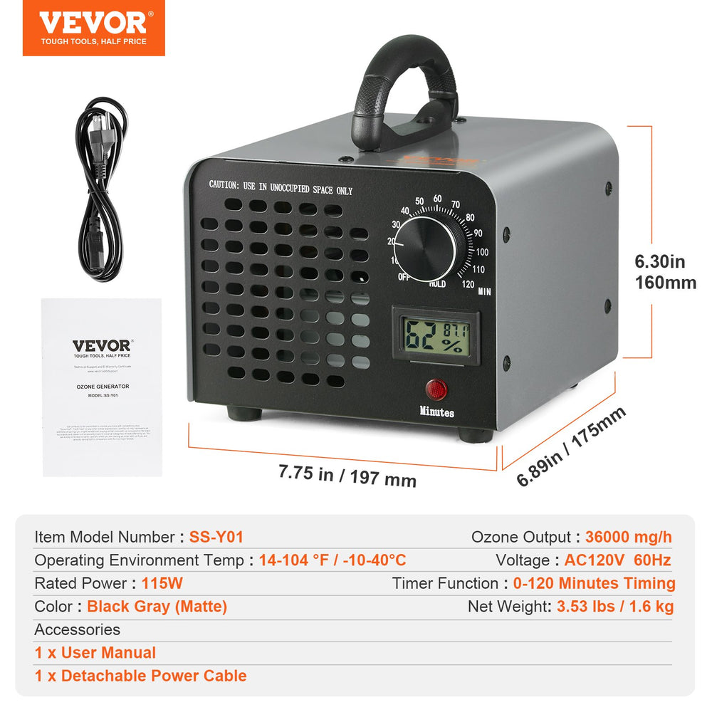 VEVOR Ozone Generator 36000mg/h Ozone Machine Odor Remover with 0-120min Timer