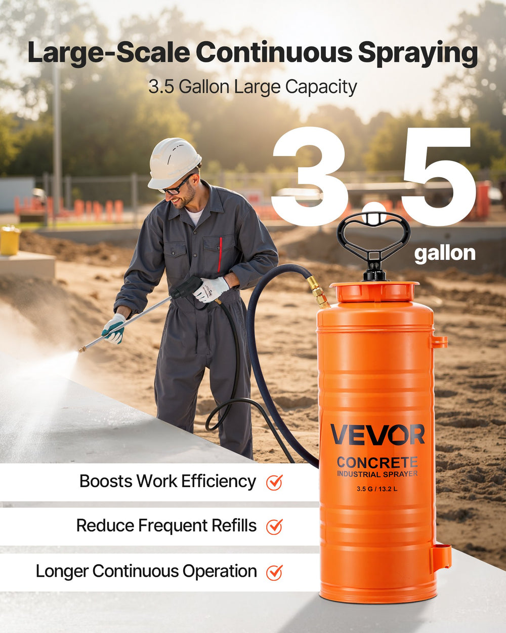 VEVOR Industrial Concrete Sprayer, 14L Stainless Steel Sprayer, Heavy Duty Tri-Poxy Pump Sprayers, 52cm Wand with Ergonomic Gun Handle, 1.2m & 3m Hoses, 2 Brass Nozzles for Construction, Garden