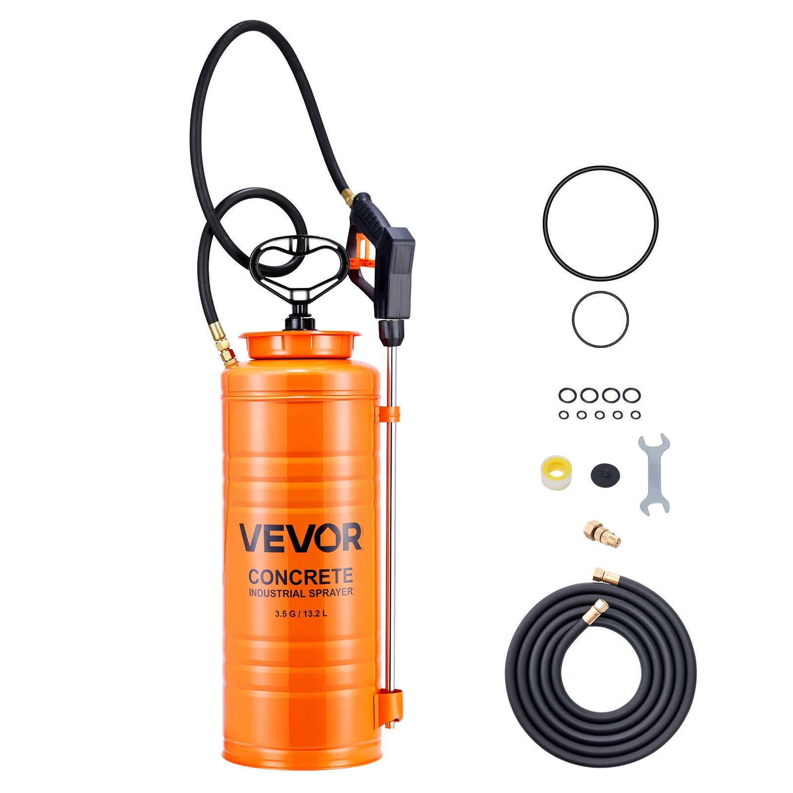 VEVOR Industrial Concrete Sprayer, 14L Stainless Steel Sprayer, Heavy Duty Tri-Poxy Pump Sprayers, 52cm Wand with Ergonomic Gun Handle, 1.2m & 3m Hoses, 2 Brass Nozzles for Construction, Garden